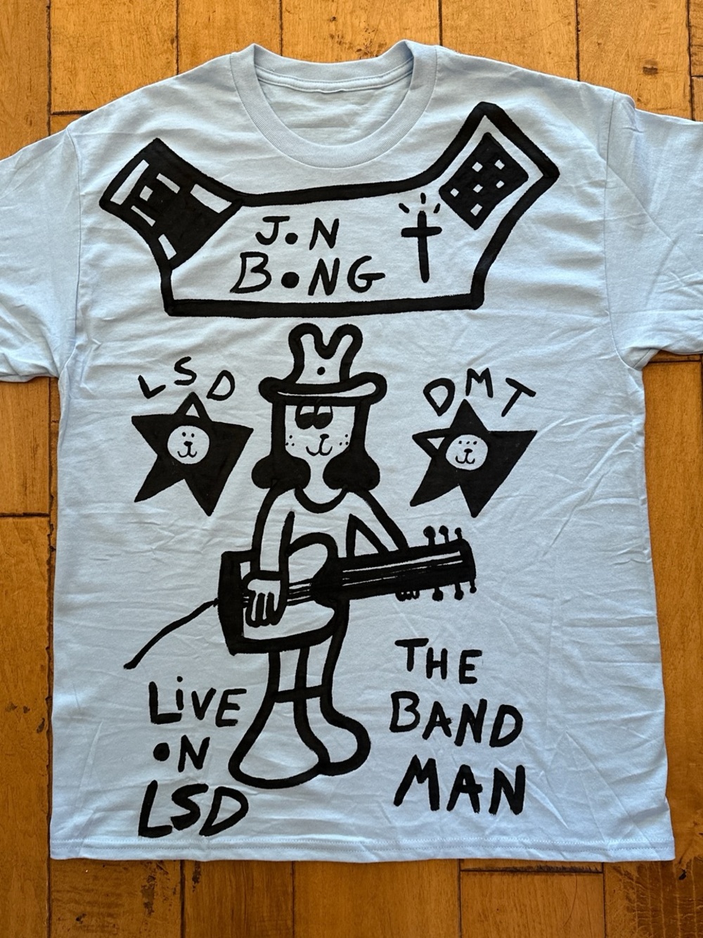 Graphic Guitar Cartoon Tee in Light Blue and Black